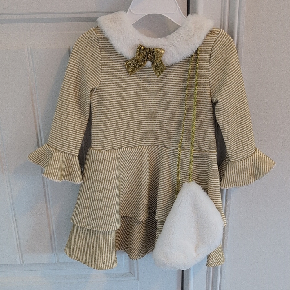 Blueberi Boulevard Gold and White Striped Dress with Fluffy Collar